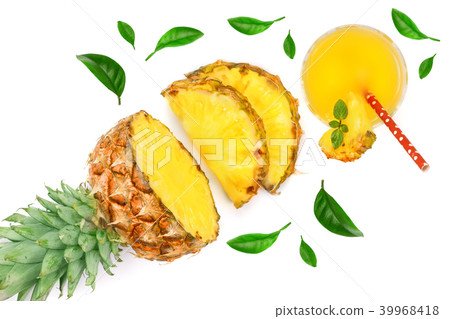 pineapple juice in a glass with with pineapple slices isolated on white background. Top view pineapple juice in a glass with with pineapple slices isolated on white background. Top view 39968418