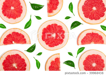 Grapefruit slices decorated with green leaves isolated on white background. Top view. Flat lay Grapefruit slices decorated with green leaves isolated on white background. Top view. Flat lay 39968438