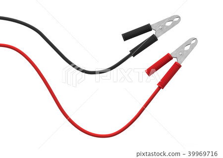 3d rendering of two sets of red and black car battery clamps connected to a cable. 39969716