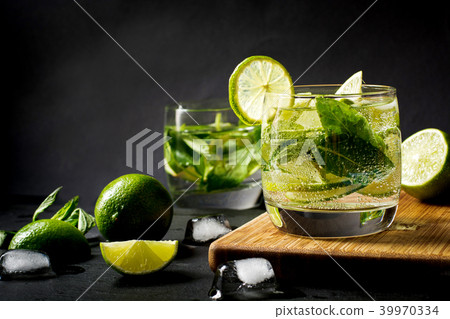 Mojito cocktail in glass on black table. Close up. Mojito cocktail in glass on black table. Close up. 39970334