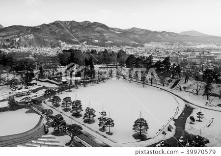 Aizu Wakamatsu city and castle park from aerial Aizu Wakamatsu city and castle park from aerial 39970579