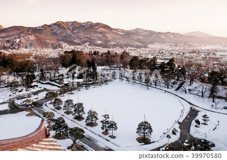 Aizu Wakamatsu city and castle park from aerial Aizu Wakamatsu city and castle park from aerial 39970580