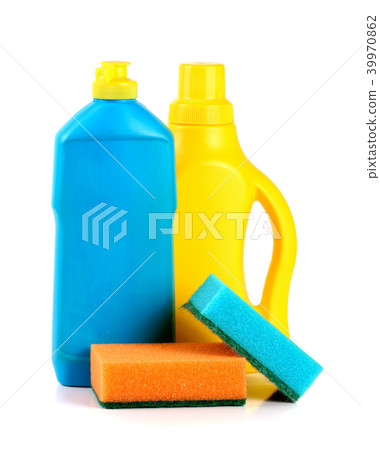 dishwashing detergent with sponge isolated on white background 39970862