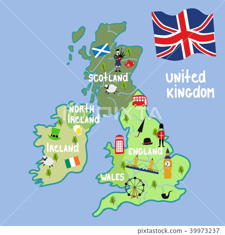 vector cartoon United Kingdom map national symbols vector cartoon United Kingdom map national symbols 39973237