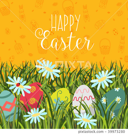 Happy Easter Greeting Card Banner Eggs In Grass Stock