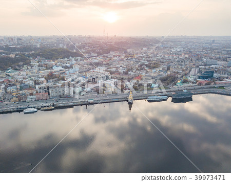View of the Dnieper river, church of St. Nicholas on the water, River station and Naberezhno View of the Dnieper river, church of St. Nicholas on the water, River station and Naberezhno 39973471