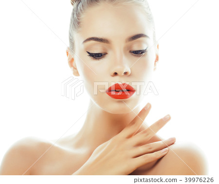 young pretty brunette girl with clean skin posing smiling isolat 39976226