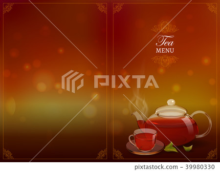 A glass teapot and a cup of tea on a colored 39980330