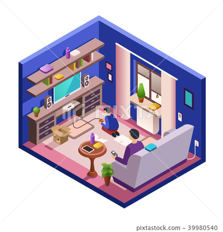 Vector isometric living room interior with people - Stock Illustration ...