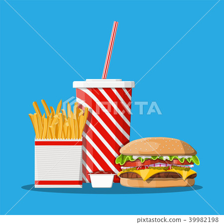 Cup of cola with fries and cheeseburger. 39982198
