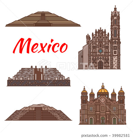 Mexico landmarks vector Aztec architecture icons 39982581