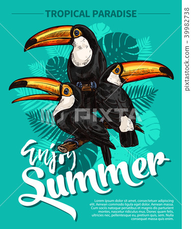 Vector sketch poster of tropical palm and bird 39982738
