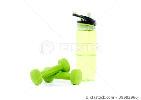Pair of green dumbbells with sports water bottle Pair of green dumbbells with sports water bottle 39982960