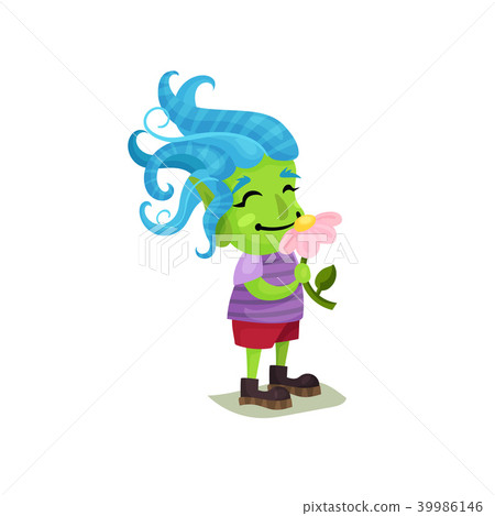 Cute girl troll with blue hair and green skin sniffing a pink flower, funny fairy tale character Cute girl troll with blue hair and green skin sniffing a pink flower, funny fairy tale character 39986146