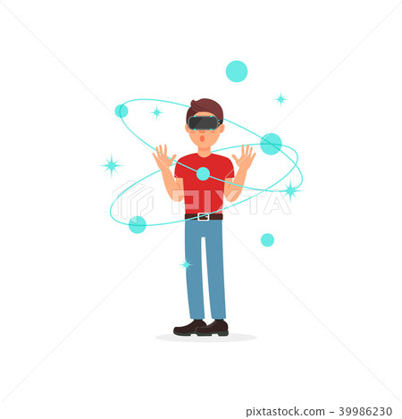 Young man playing space video game in virtual reality with VR headset, gaming cyber technology 39986230