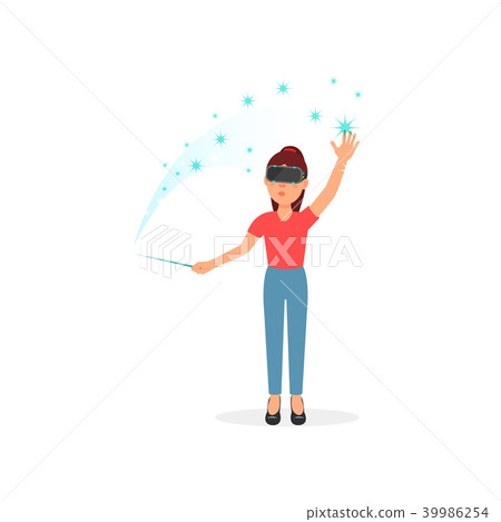 Girl with magic wand playing video game in virtual reality with VR headset, gaming cyber technology 39986254