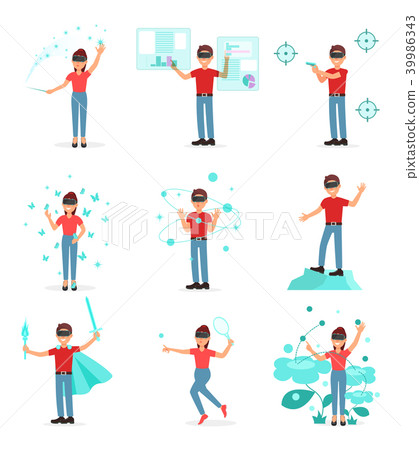 Collection of people playing video game in virtual reality with VR headset, person using 39986343