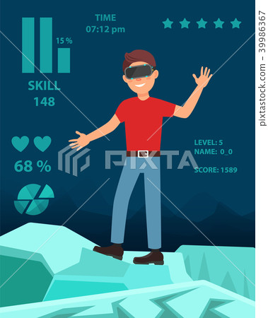 Young man playing video game in virtual reality headset, person enjoying VR headset effects vector 39986367