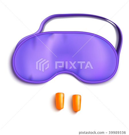 Realistic Detailed 3d Purple Sleeping Mask and Pair of Foam Earplugs. Vector 39989336