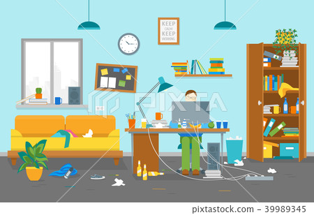 Cartoon Man at Workplace Dirty Card Poster. Vector 39989345