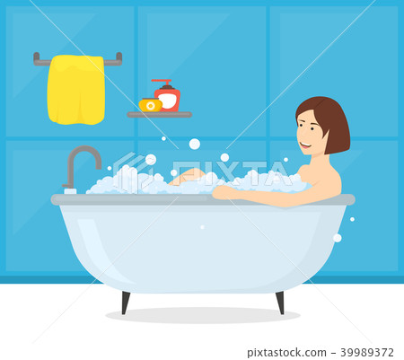 Cartoon Woman in Bathroom Bathtub Card Poster. Vector 39989372