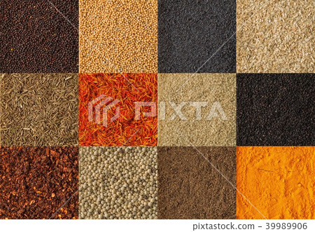 Collage of different spices background.  39989906