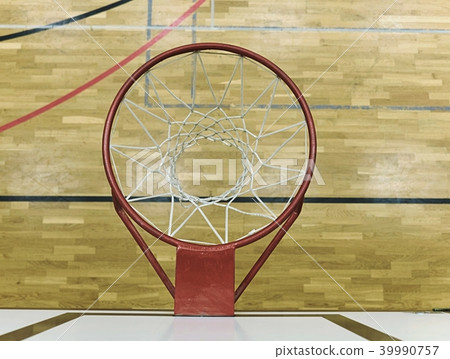 Basketball hoop in sports hall. Look down, net 39990757