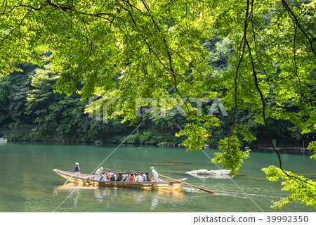 A boat going down the Hozu River in the fresh greenery of Arashiyama, Kyoto 39992350