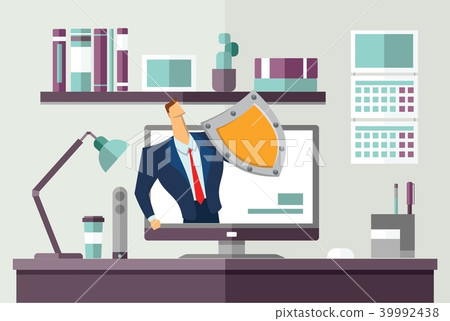 Man in business suit with a shield protecting computer on office desk. Protecting your personal data Man in business suit with a shield protecting computer on office desk. Protecting your personal data 39992438