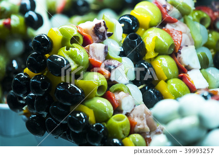 Skewers of cheese and seafood vegetables on the ma 39993257