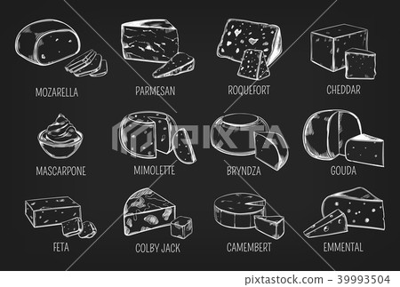 Set of isolated sketches of italian, french cheese 39993504