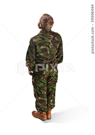 Young army soldier wearing camouflage uniform isolated on white 39996494