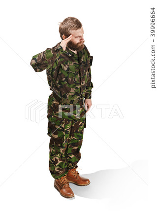 Young army soldier wearing camouflage uniform isolated on white 39996664