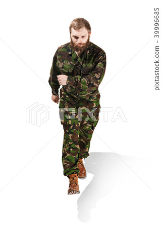 Young army soldier wearing camouflage uniform isolated on white Young army soldier wearing camouflage uniform isolated on white 39996685