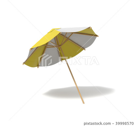 3d rendering of an isolated beach umbrella with white and yellow stripes on white background. 3d rendering of an isolated beach umbrella with white and yellow stripes on white background. 39998570