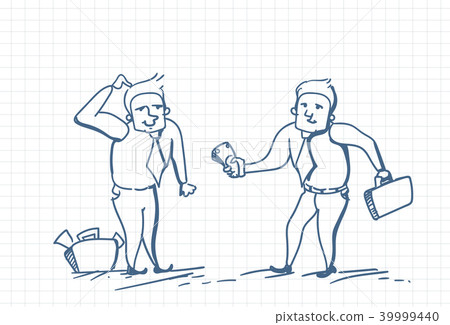 Doodle Business Man Giving Money To Worker Paying Over Squared Background 39999440
