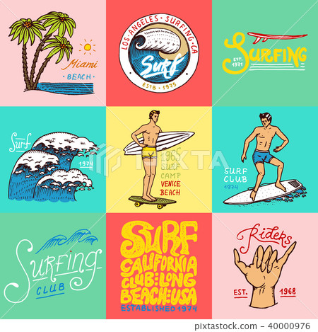 Surf badge and wave, palm tree and ocean. tropics and california. man on the surfboard, summer on Surf badge and wave, palm tree and ocean. tropics and california. man on the surfboard, summer on 40000976