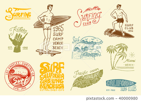 Surf badge and wave, palm tree and ocean.... - Stock Illustration ...