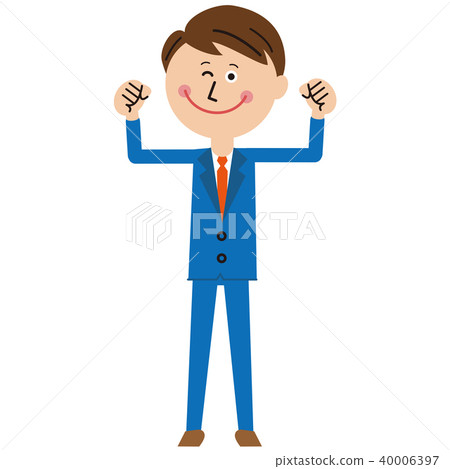 Salaryman in a pop blue suit Two-handed holding guts pose 40006397