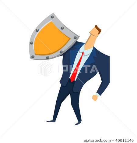 Man in business suit with a shield looking up. Security and protection. Protecting your personal Man in business suit with a shield looking up. Security and protection. Protecting your personal 40011146