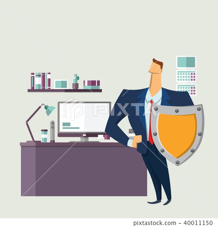 Man in business suit with a shield in front of computer desk. Protecting your personal data. GDPR Man in business suit with a shield in front of computer desk. Protecting your personal data. GDPR 40011150