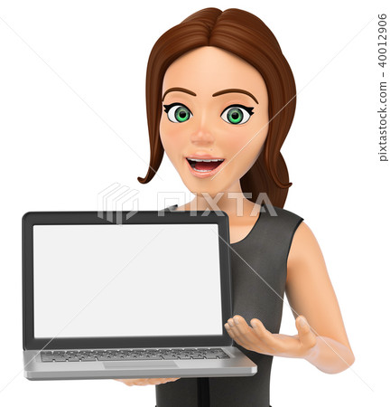 3D Business woman showing a blank screen laptop 40012906