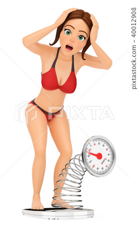 3D Woman in bikini weighing herself on a scale 40012908