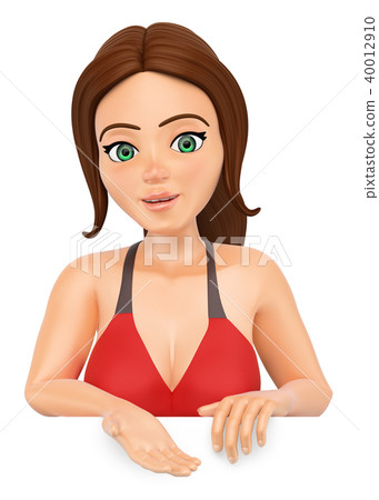 3D Woman in bikini pointing down. Blank poster 40012910