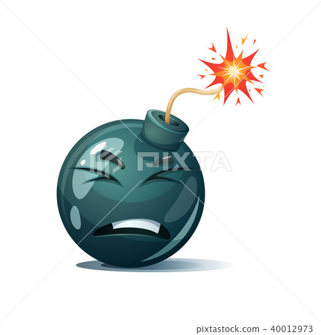 Cartoon bomb, fuse, wick, spark icon. Disgust smiley. 40012973