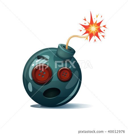 Cartoon bomb, fuse, wick, spark icon. Sewing button smiley. 40012976