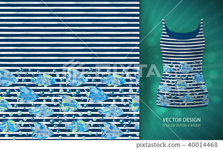 Seamless pattern with hand draw fantasy fish bodrer and horizontal Stripes. Summer print for fabric Seamless pattern with hand draw fantasy fish bodrer and horizontal Stripes. Summer print for fabric 40014468