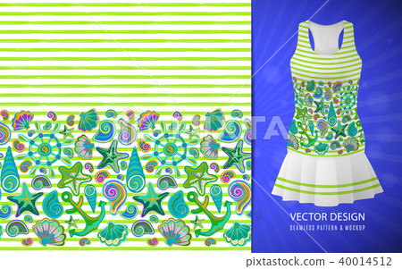 Vector seamless pattern of seashells and marine items on striped background. Hand drawn vintage 40014512