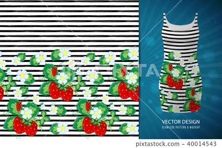 Seamless pattern with strawberry and strips, used on short dress mock up. Vector illustration. 40014543