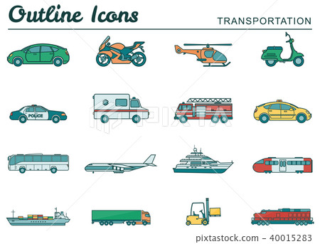 Transportation icons set. City cars and vehicles transport. Car, ship, airplane, train, motorcycle 40015283